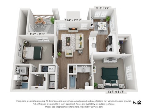 A 3D floor plan of a two-bedroom apartment with a living room, kitchen, and bathroom.